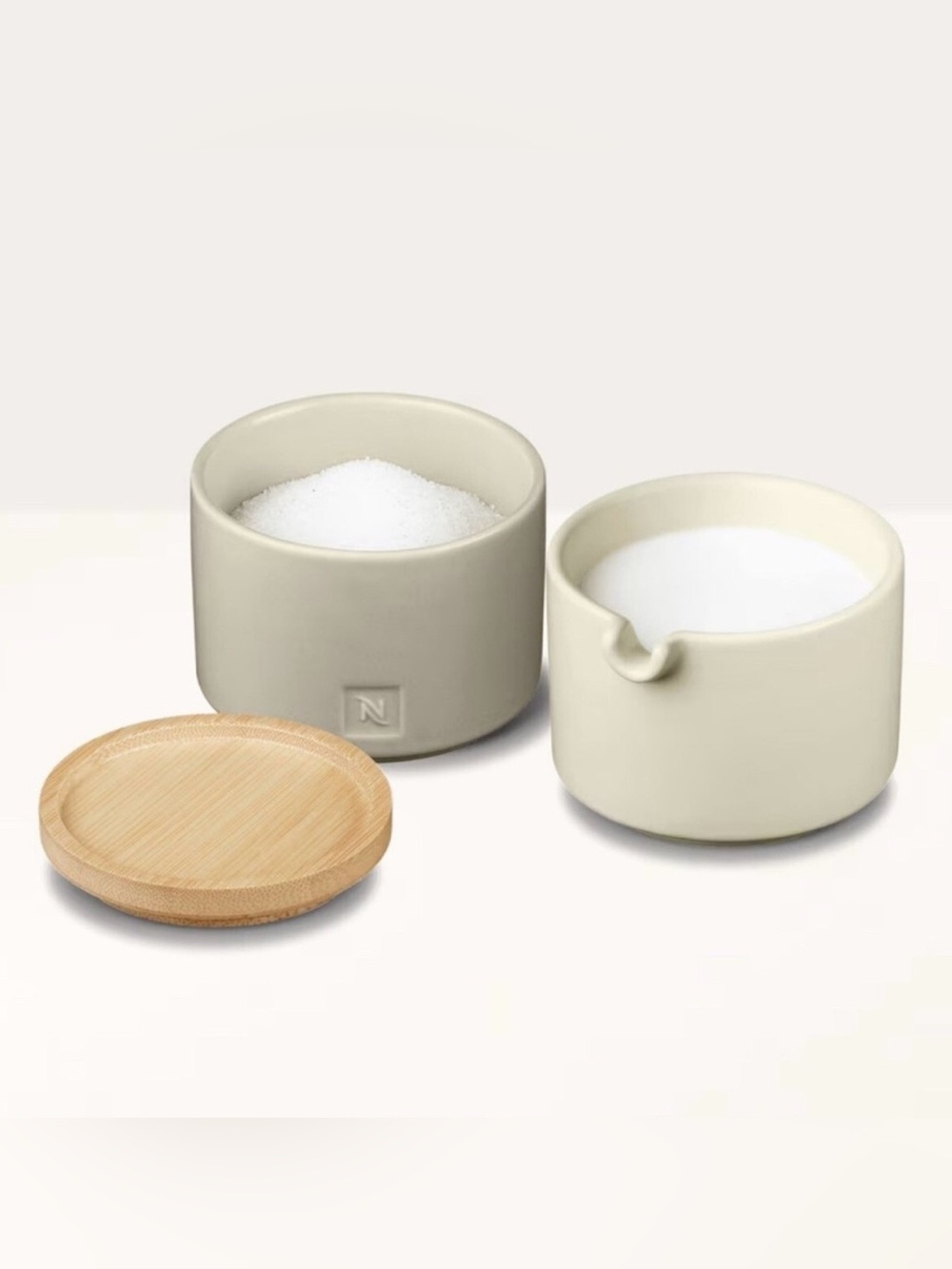 Nespresso Stackable Cream and Sugar Serving Set with Wood Lid